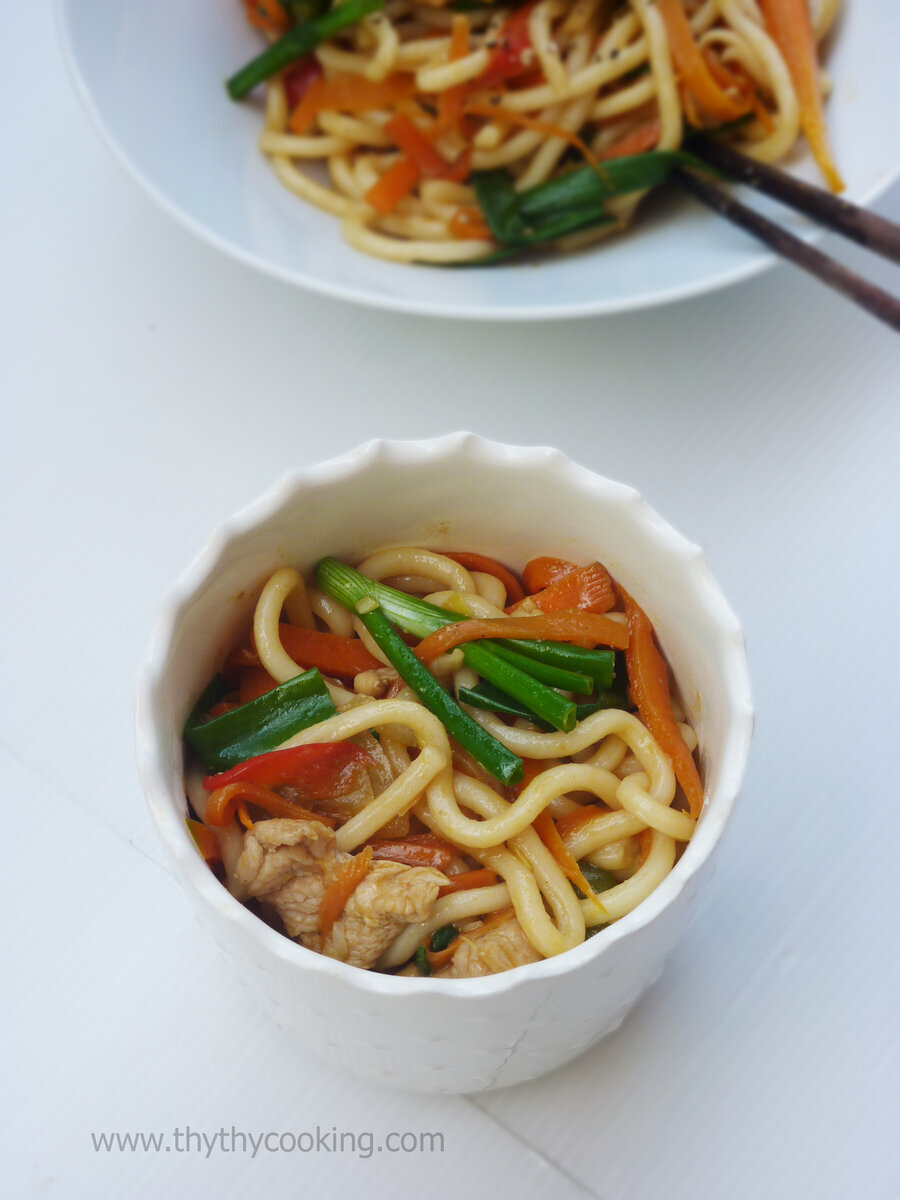 STIR-FRIED UDON WITH CHICKEN BREAST, CARROT, AND BELL PEPPER