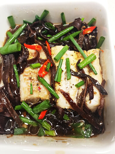 STEAMED FISH WITH SCALLIONS, GINGER, AND WOOD EAR MUSHROOMS